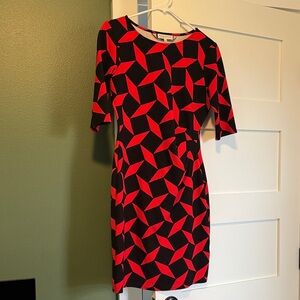 Red and Black Geometric Midi Dress - Size US 8P (Size 12 tag is UK sizing)